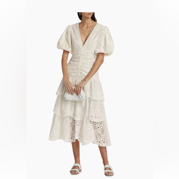 🆕 Farm Rio White Cotton Eyelet Puff Sleeve Midi Dress XXS - Picture 4 of 9